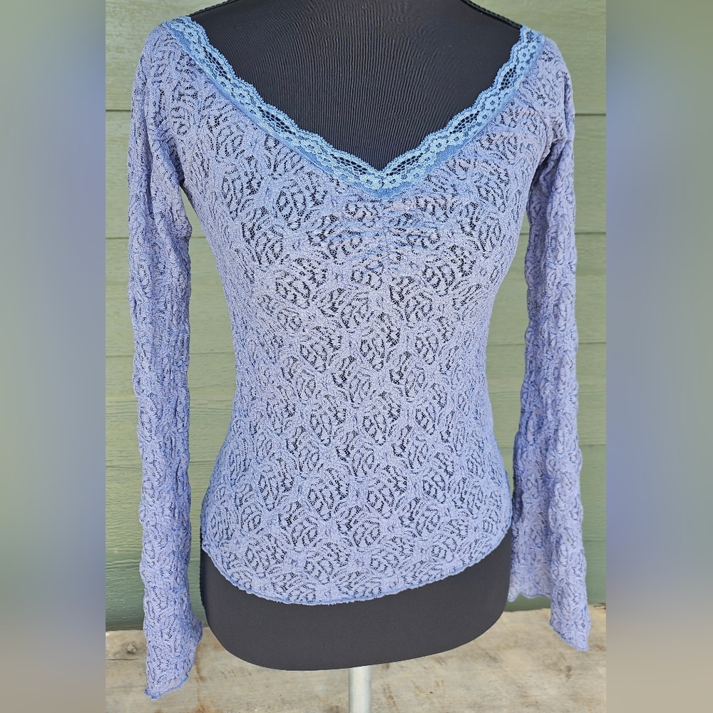 Elegant Lace V-Neck Blouse With Bell Sleeves - Light Blue